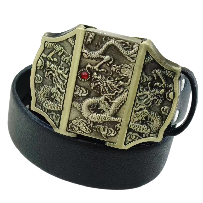 Dragon embossed belt with a hidden lighter 