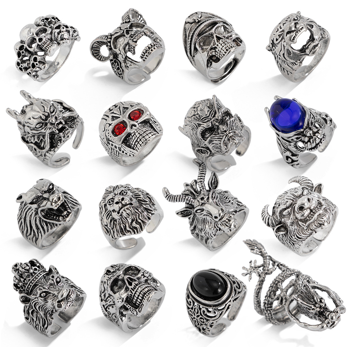 16pcs/Set Punk Skull Gemstone Rings