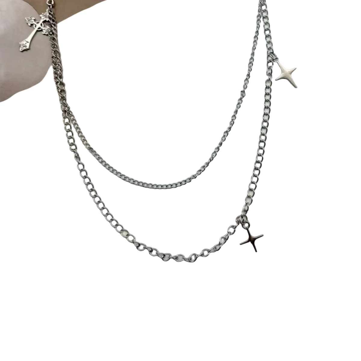 Wallet chain with cross and star pendants. 